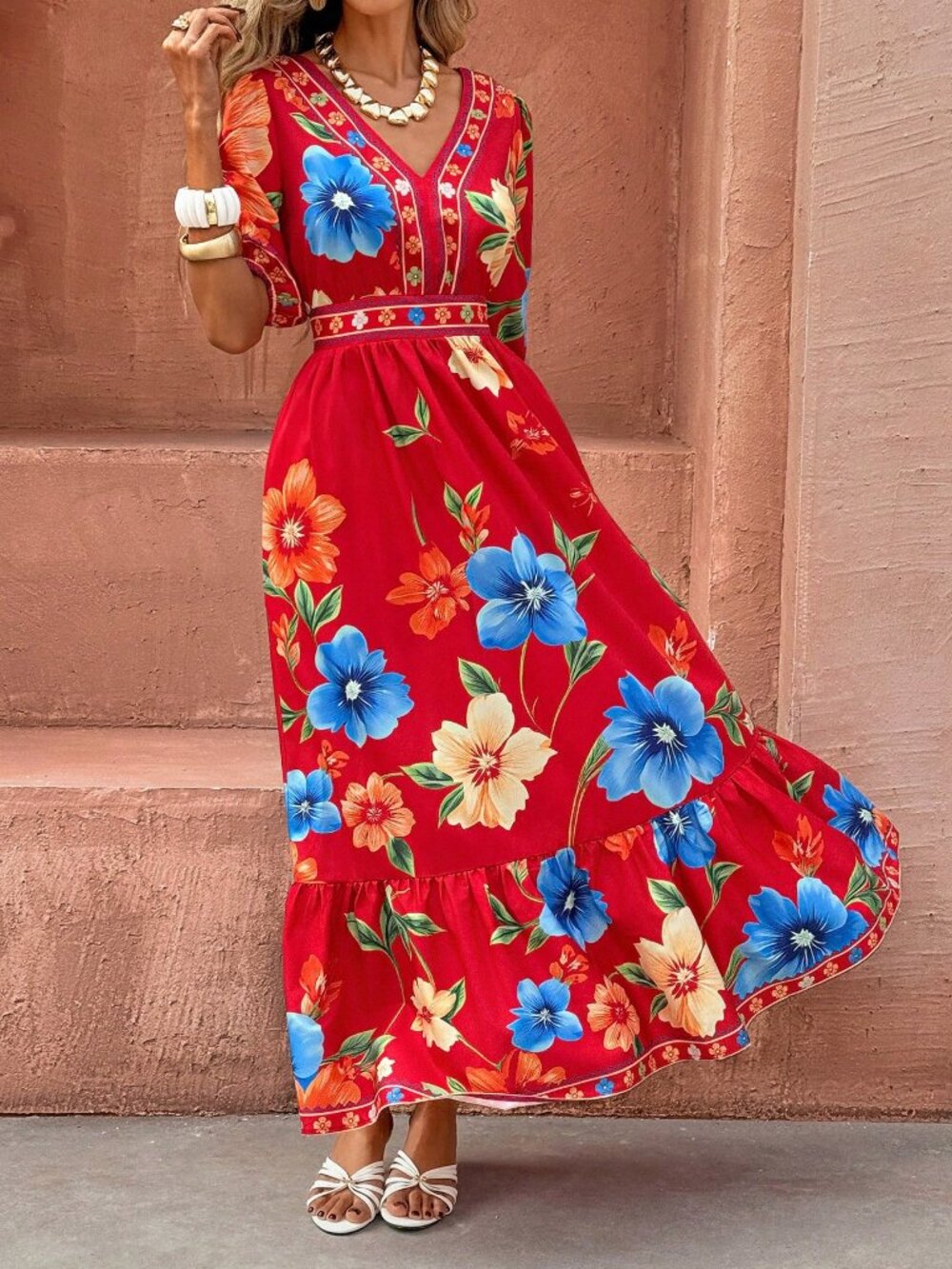 Red Boho Women's Elegant Casual V-Neck A-Line Dress - Picture 6 of 6